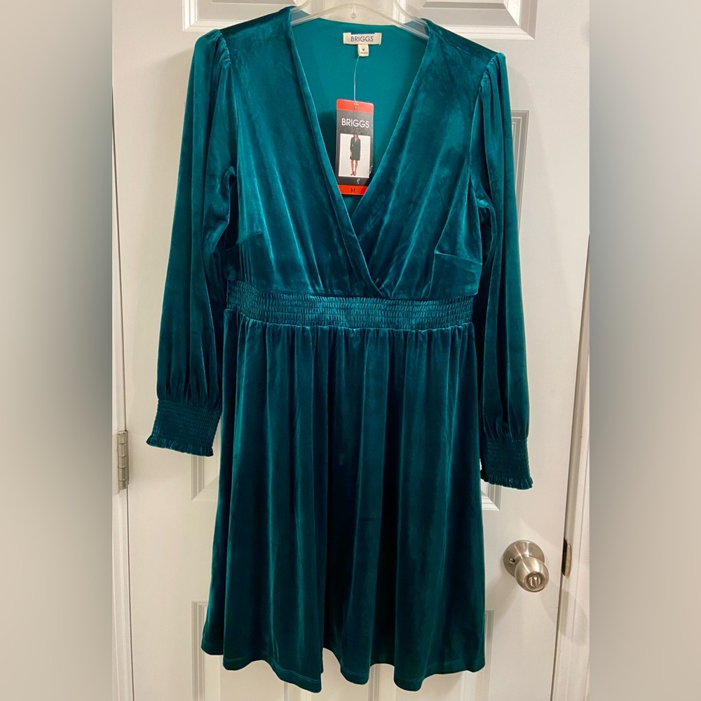 NWT Briggs Women's Long Sleeve Velour Faux Wrap Dress Green Size M $80 8D126